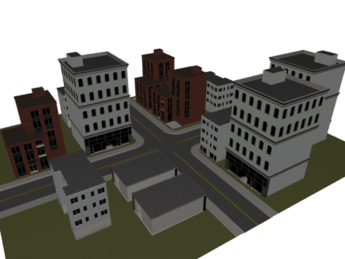 A city intersection with brick and concrete buildings