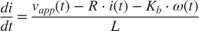 $$ \frac{di}{dt} = \frac{v_{app}(t) - R \cdot i(t) - K_b \cdot
\omega(t)}{L} $$