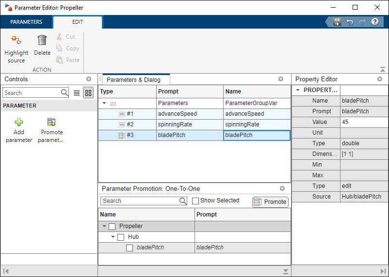 Promoted parameter BladePitch in the Parameter Editor