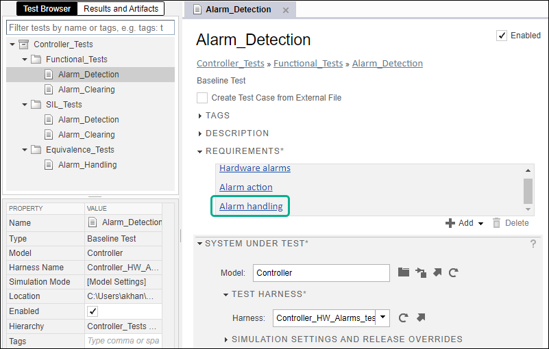 The Test Manager app shows the alarm handling test within the set of test cases for the controller.