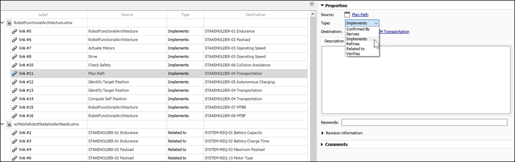 Changing requirement type in Requirements Editor link view.