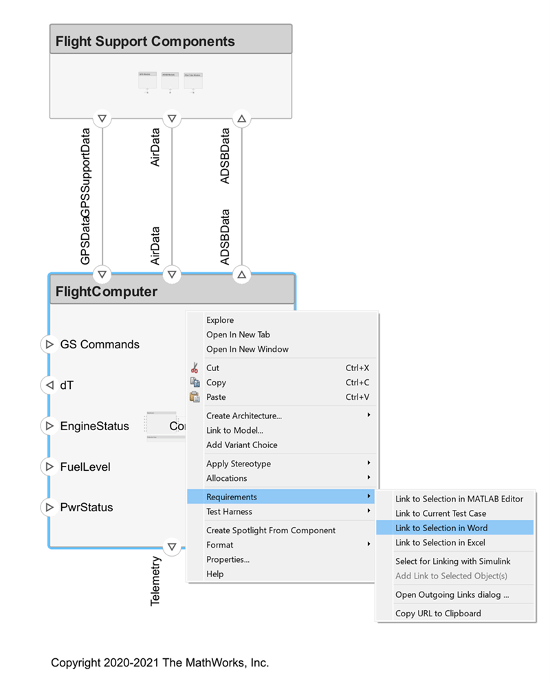 The Select Link to Selection in Word option is selected in the context menu for the component.