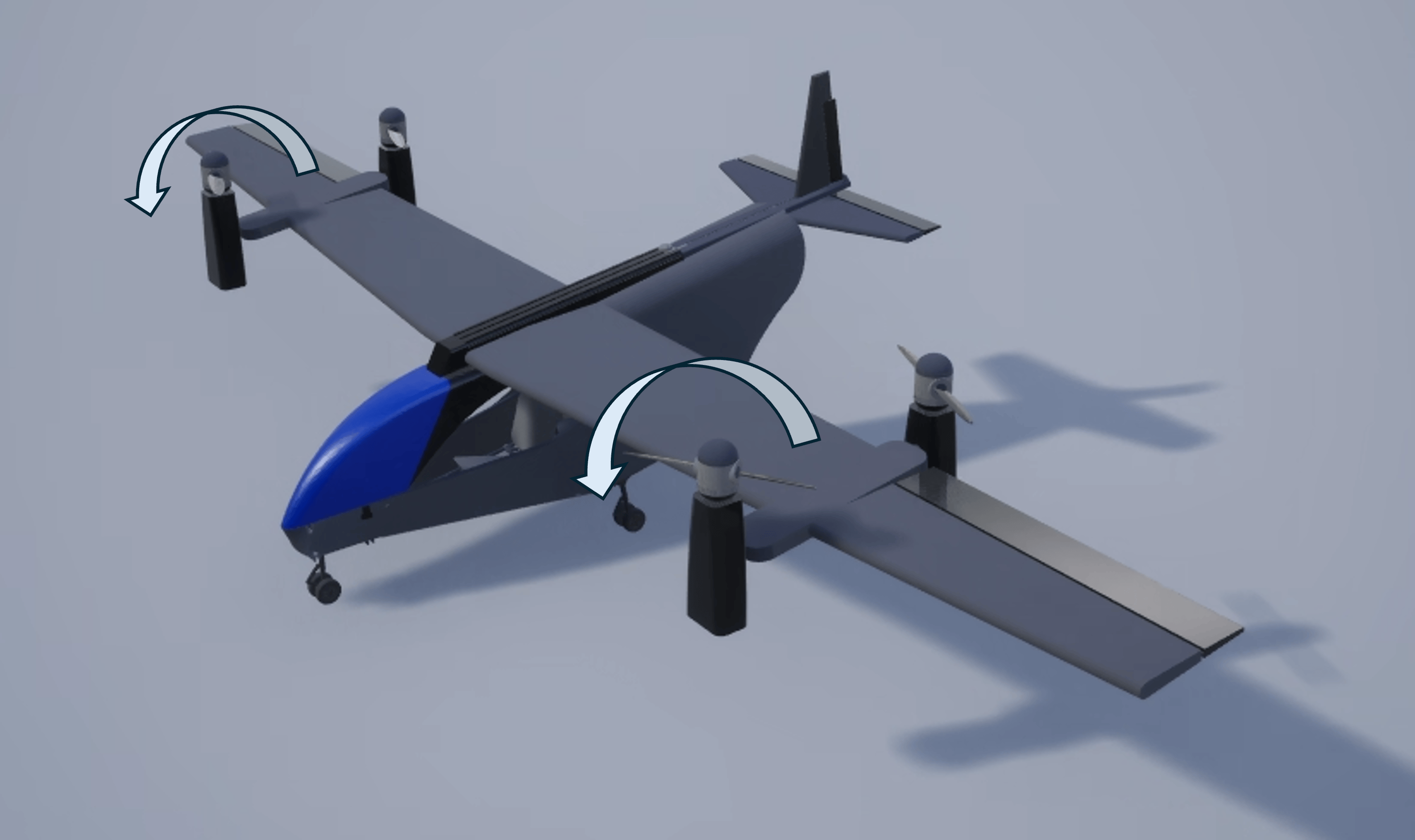 Tilt-rotor VTOL UAV, with the front two motors tilting.