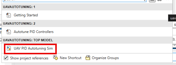 UAV PID Autotuning Sim shortcut on the Project tab of the MATLAB Toolstrip.