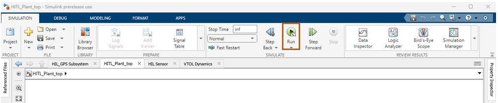 Simulink toolstrip for HITL_Plant_top model with Run button highlighted