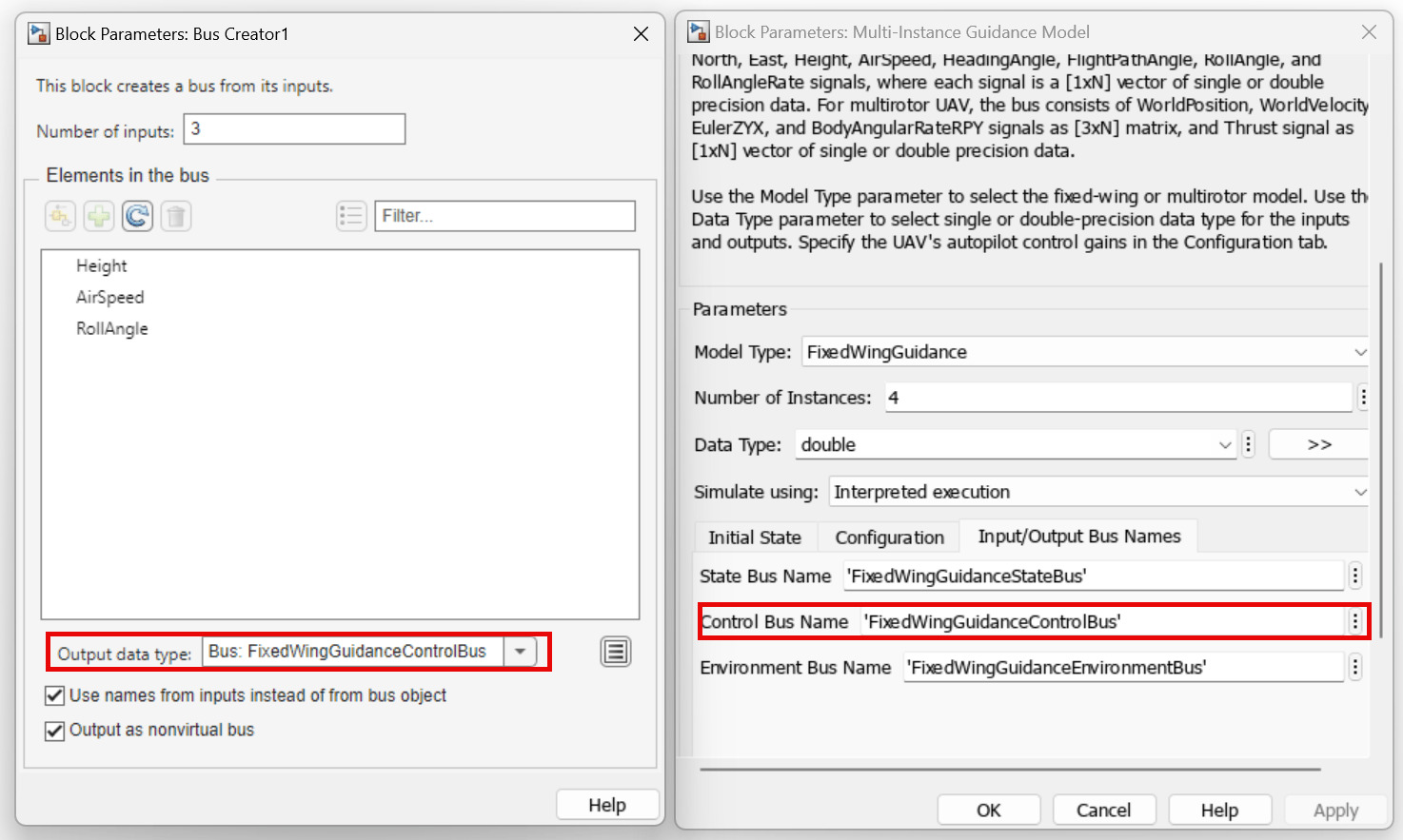 Bus Creator and Multi-Instance Guidance Model block masks, with the Output data type and Control Bus Name parameters highlighted, respectively.