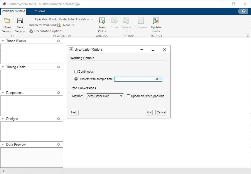 Control System Tuner Linearization Options dialog with Discrete with sample time set to 0.005 seconds