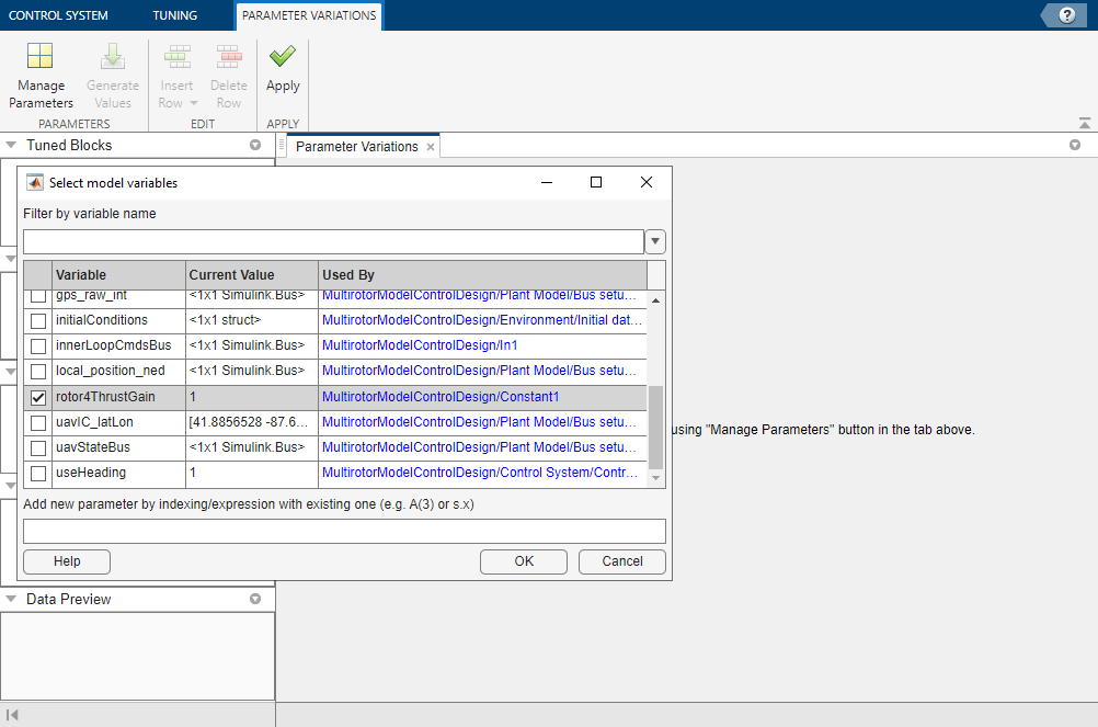 Select model variables dialog with rotor4ThrustGain parameter selected for parameter variation