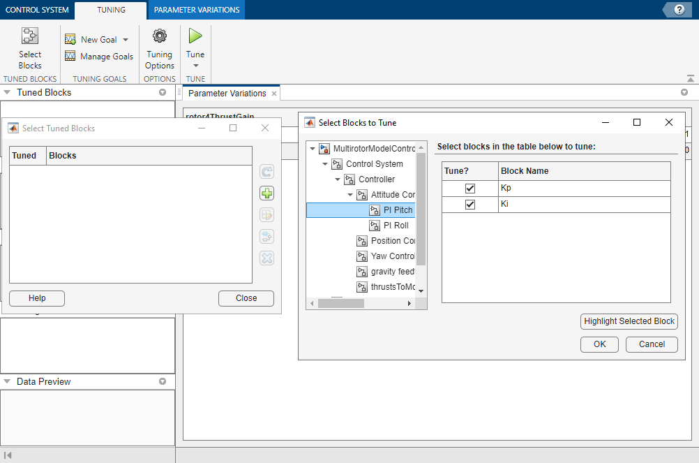 Select Tuned Blocks and Select Blocks to Tune dialogs showing PI Pitch controller with Kp and Ki selected