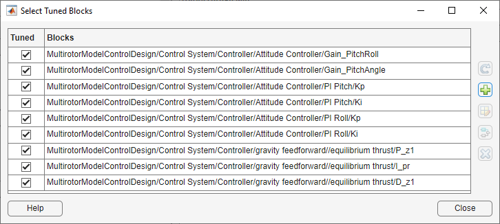 Select Tuned Blocks dialog listing nine tunable blocks for attitude and altitude controllers