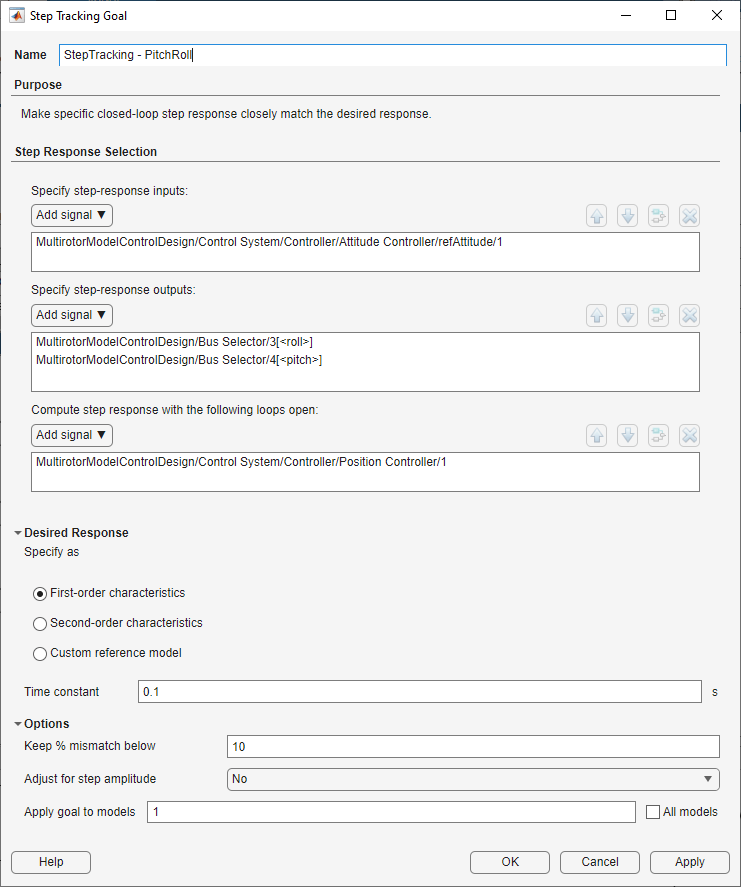 Step Tracking Goal dialog for PitchRoll with first-order response, time constant 0.1 s, applied to nominal model