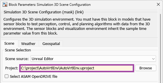 Simulation 3D Scene Configuration block mask. The Project field is configured with the path C:\project\AutoVrtlEnv\AutoVrtlEnv.uproject
