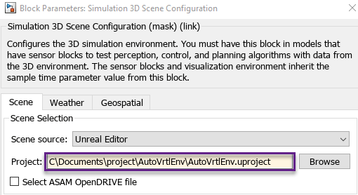 Simulation 3D Scene Configuration block with Scene source set to Unreal Editor and Project path pointing to AutoVrtlEnv.uproject