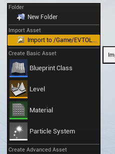 Unreal Editor Add/Import context menu with Import to /Game/EVTOL option selected