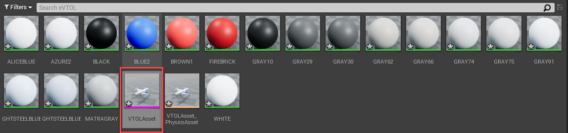 Unreal Editor Content Browser with VTOLAsset skeletal mesh highlighted among material assets