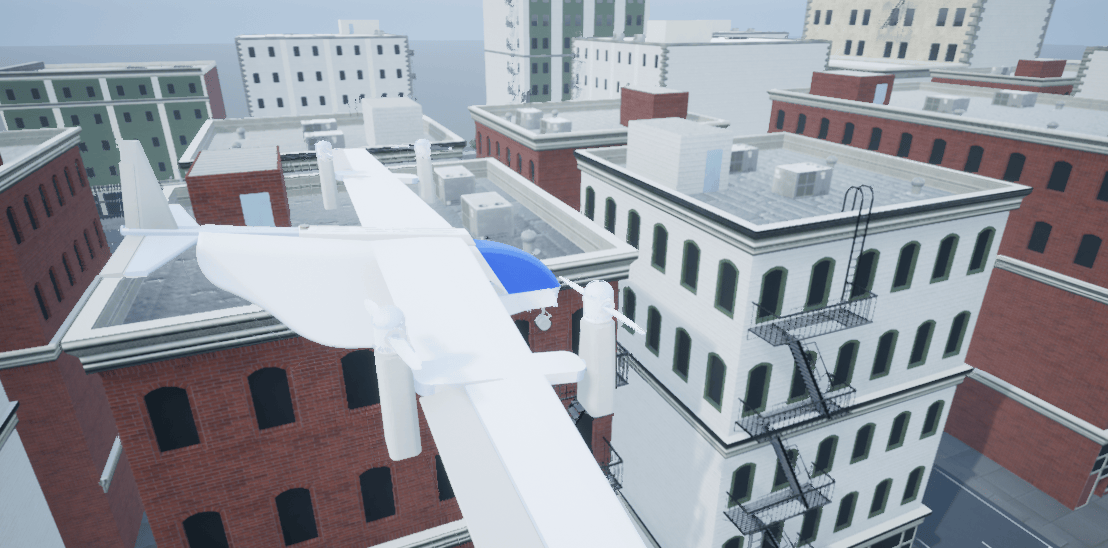 Unreal Engine visualization showing rooftops of US City Block scene with VTOL UAV at starting position