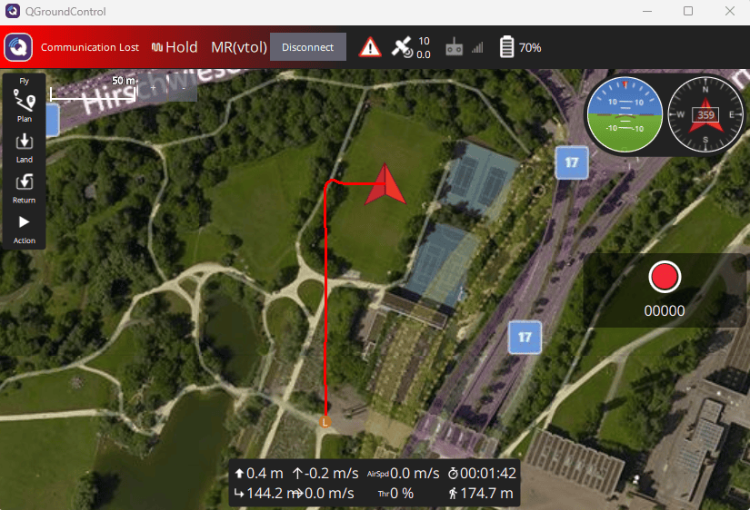 QGroundControl Fly View showing the VTOL UAV mission flight path on the map after arming