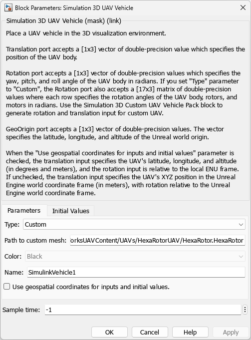 Simulation 3D UAV Vehicle block mask showing the Type and Path to custom mesh parameter.