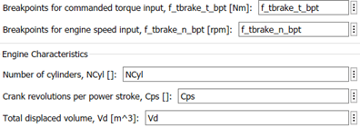 Fields for torque and speed breakpoints, cylinder count, crank strokes, and displaced volume.