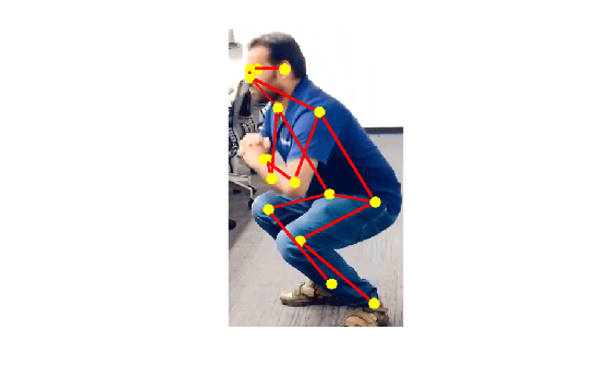 Estimated 2-D body keypoints as yellow dots connected by red skeletal lines overlaid on the person