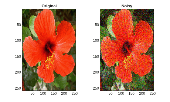 Figure contains 2 axes objects. Axes object 1 with title Original contains an object of type image. Axes object 2 with title Noisy contains an object of type image.