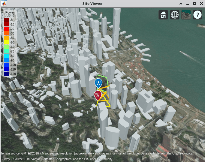 Site Viewer showing a 3D urban environment of Hong Kong with dense buildings and waterfront. Two wireless nodes connect through a multipath channel, with links highlighted in yellow and a power scale in dBm.