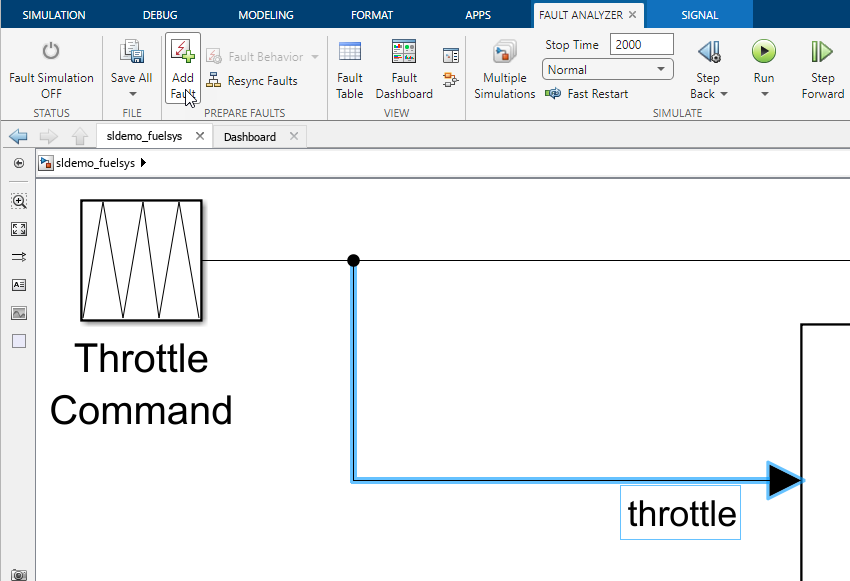 In the mode. The throttle signal is selected, and the cursor points to the Add Fault button in the Prepare Faults section of the Fault Analyzer app.