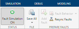 The left side of the Fault Analyzer app toolstrip. The Fault Simulation button is depressed, and the button icon is green.