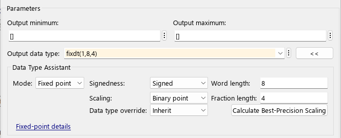 The block parameter view is shown with the data type assistant expanded