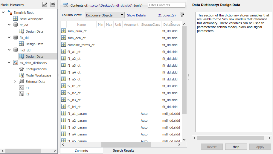 The Model Explorer displaying dictionary objects