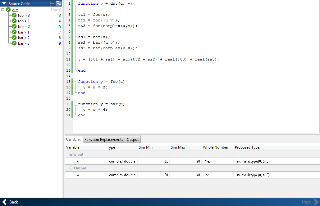 Fixed-Point Converter app displaying the tree view of the specialized functions in the left side column