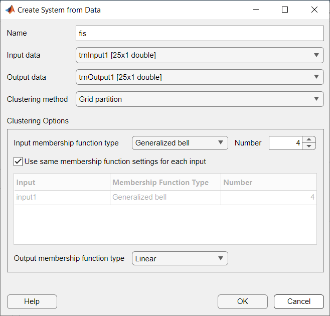 Create System from Data dialog box configured with the previously specified settings.