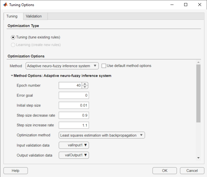 Tuning options dialog box configured for ANFIS tuning using the previously specified settings.