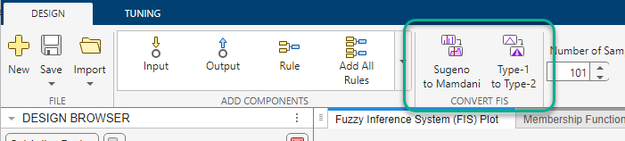 App toolstrip showing the Covert FIS section for an active type-1 Mamdani system.