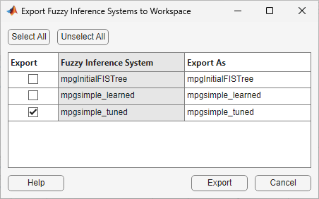 Export Fuzzy Inference Systems to Workspace dialog box containing a table with FIS designs