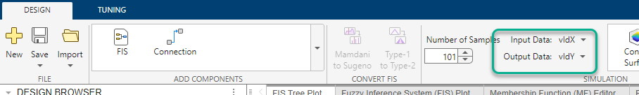 Design tab toolstrip highlighting the Input Data and Output Data drop-down lists in the Simulation section.