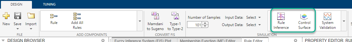 App toolstrip highlighting the Rule Inference and Control Surface options in the Simulation gallery.
