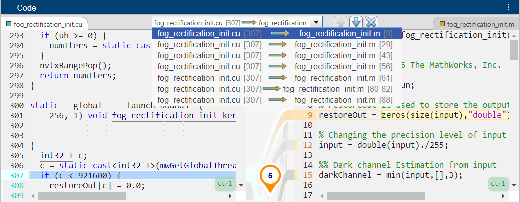 Code pane listing the lines of MATLAB code that trace to line 307 of fog_rectification_init.cu