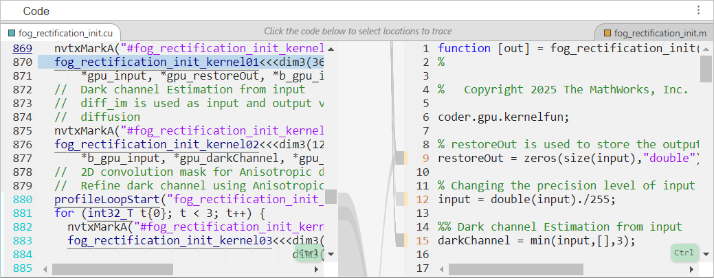 Code pane showing the call to the kernel in fog_rectification_init.cu