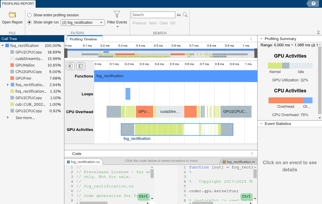 Screen shot of GPU Performance Analyzer showing the profiling data for generated MEX with memory manager enabled.