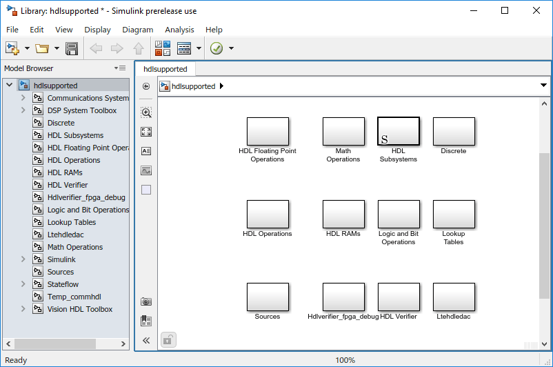 Library Browser showing HTML reports and blocks that support HDL code generation