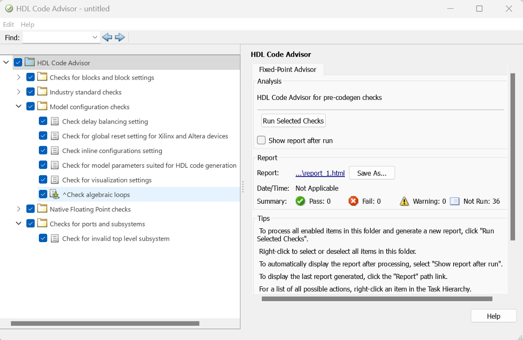 HDL Code Advisor that shows pre-codegen checks.