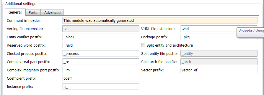 General tab under Global Settings in the Generate HDL tool