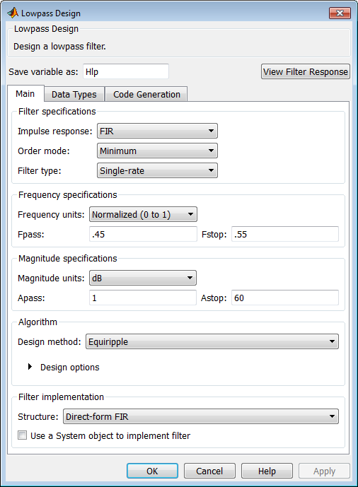 Lowpass Design dialog box