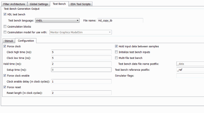 Test Bench tab of the Generate HDL tool