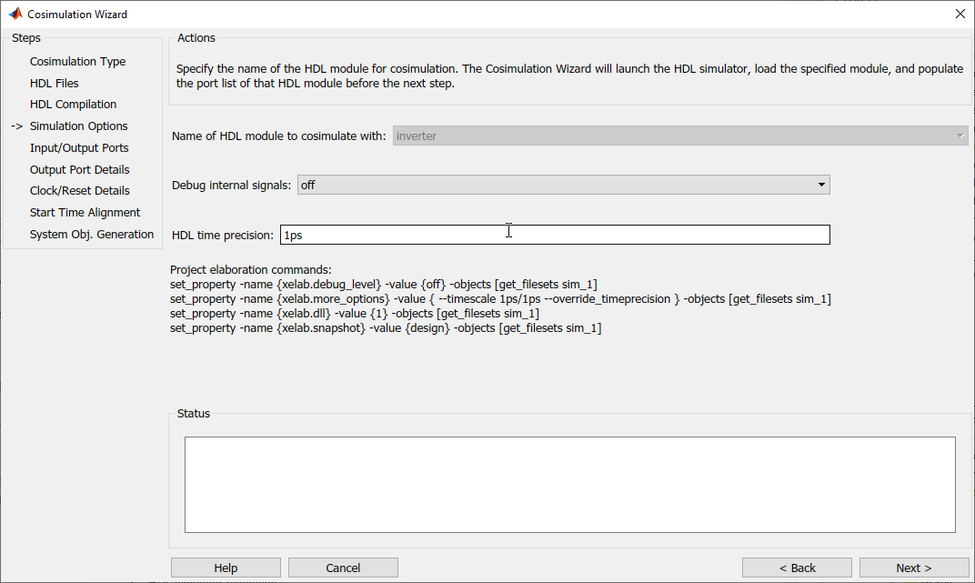 Cosimulation Wizard open on Simulation Options Pane, configured for Vivado simulator.