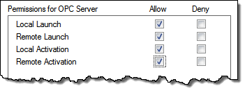 OPC server permissions allowing local and remote launch and activation