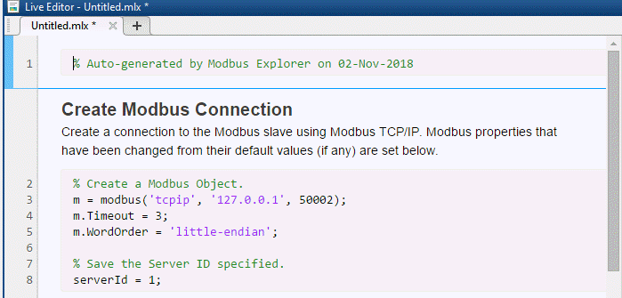 Modbus generated script for connection