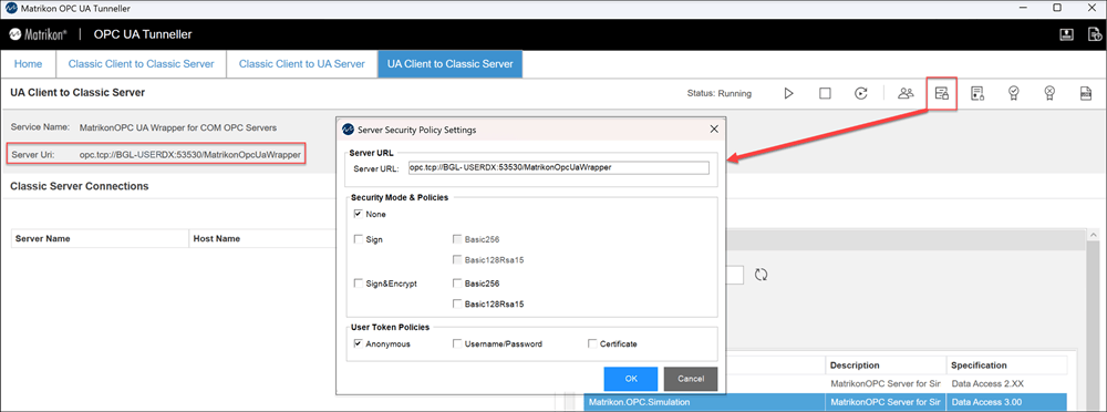 Tunneling software security settings showing security policy and user token policy set to None and Anonymous