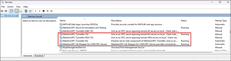 Windows Services manager showing Matrikon OPC Tunneller CSC, SSC, and UA Wrapper services with Running status